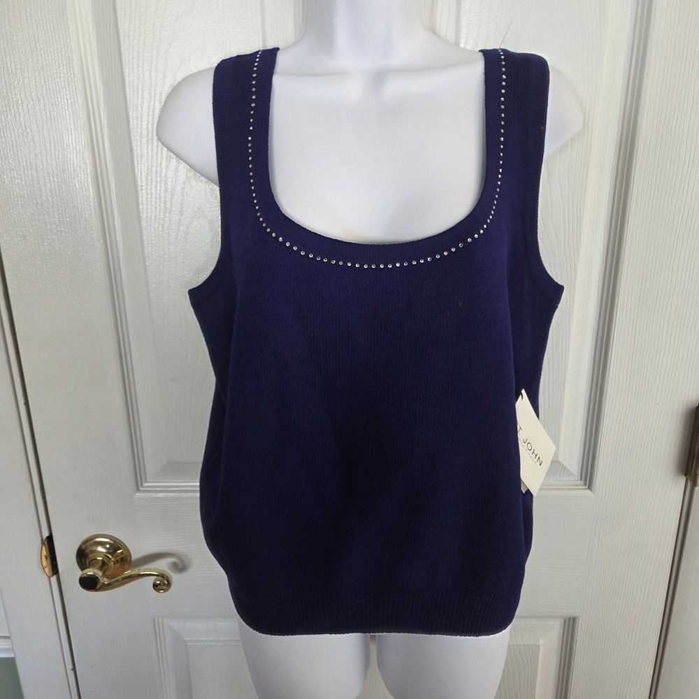 St John Evening NEW Marie Gray Wool Knit Tank Top Arctic Blue Rhinestone Size M
